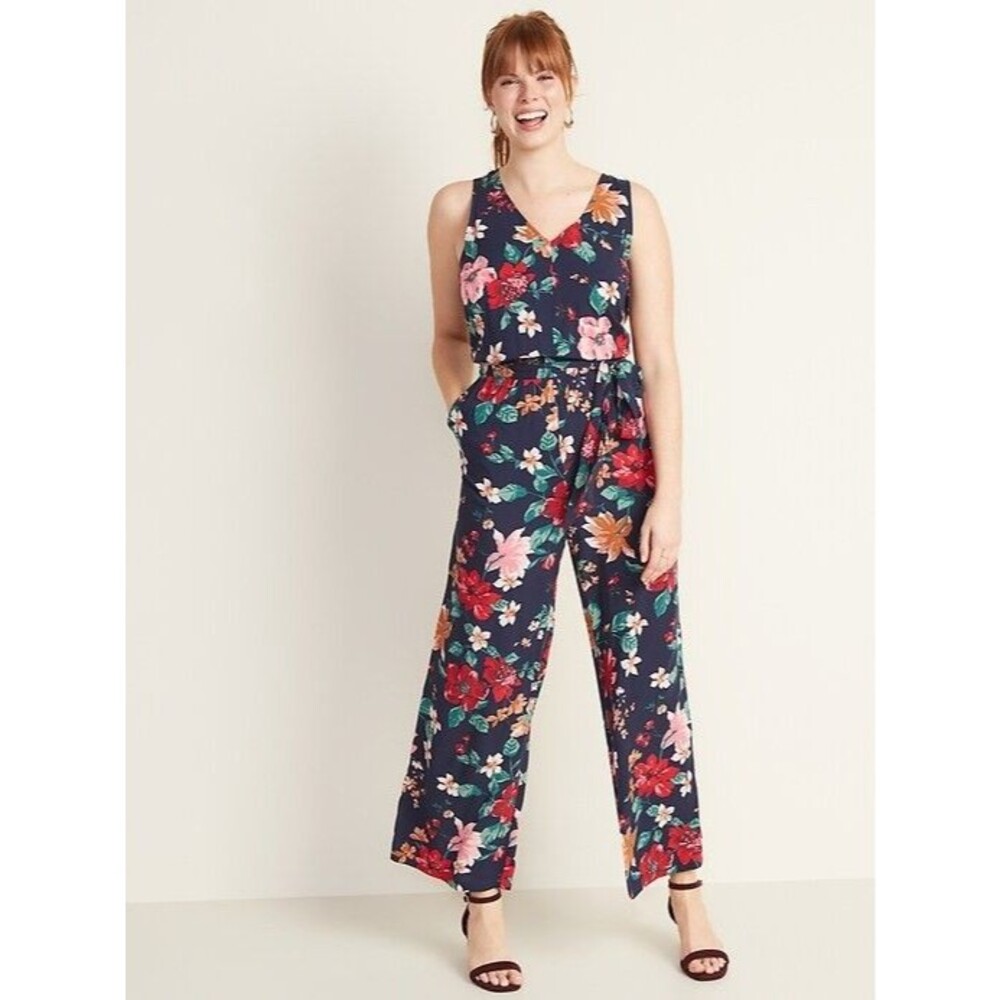 Old Navy Small Navy Floral Wide-Leg Jumpsuit Vneck Sleeveless Womens S *no belt